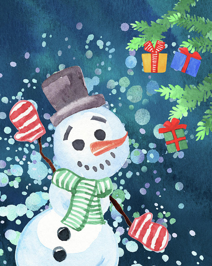 Snowman In Hat And Mittens With Gifts On The Tree Painting by Irina Sztukowski