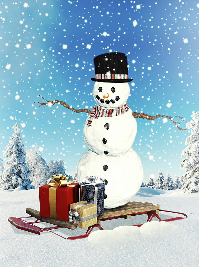 Snowman on sleigh Digital Art by Mihaela Pater - Fine Art America
