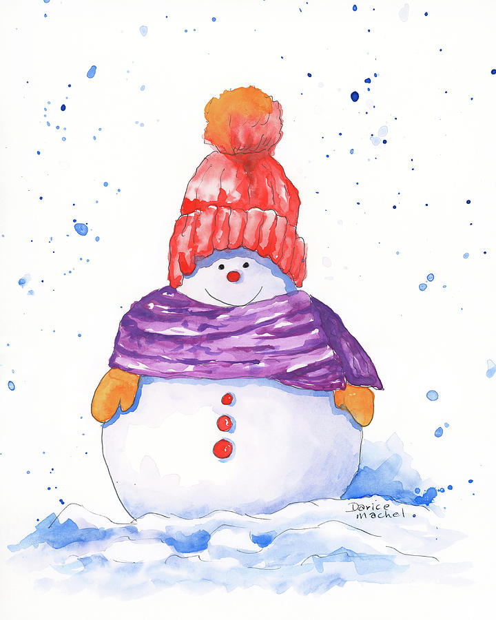 Snowman Purple Scarf Painting by Darice Machel McGuire