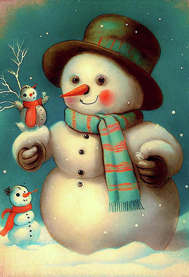 Snowman Vintage Christmas Greetings Digital Art by Matthias Hauser