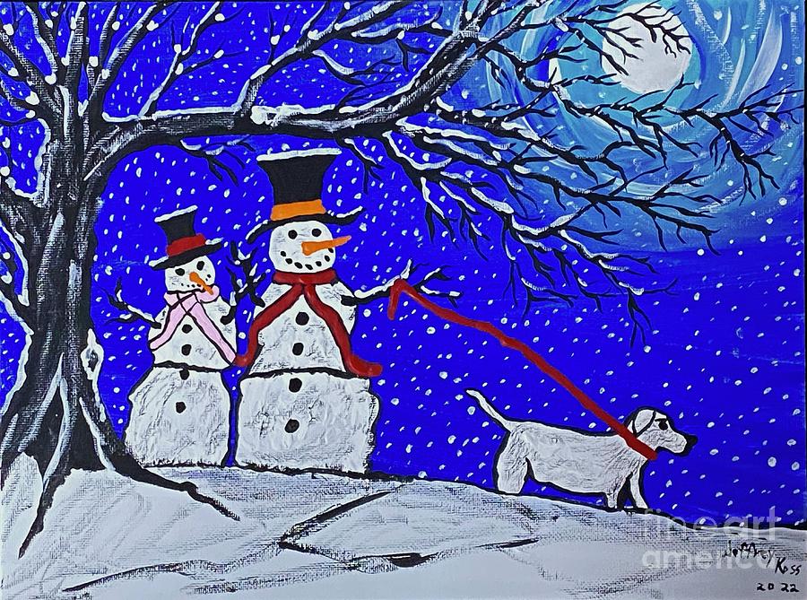  Abstract Snowman Walking The Dog Christmas Card Painting by Jeffrey Koss