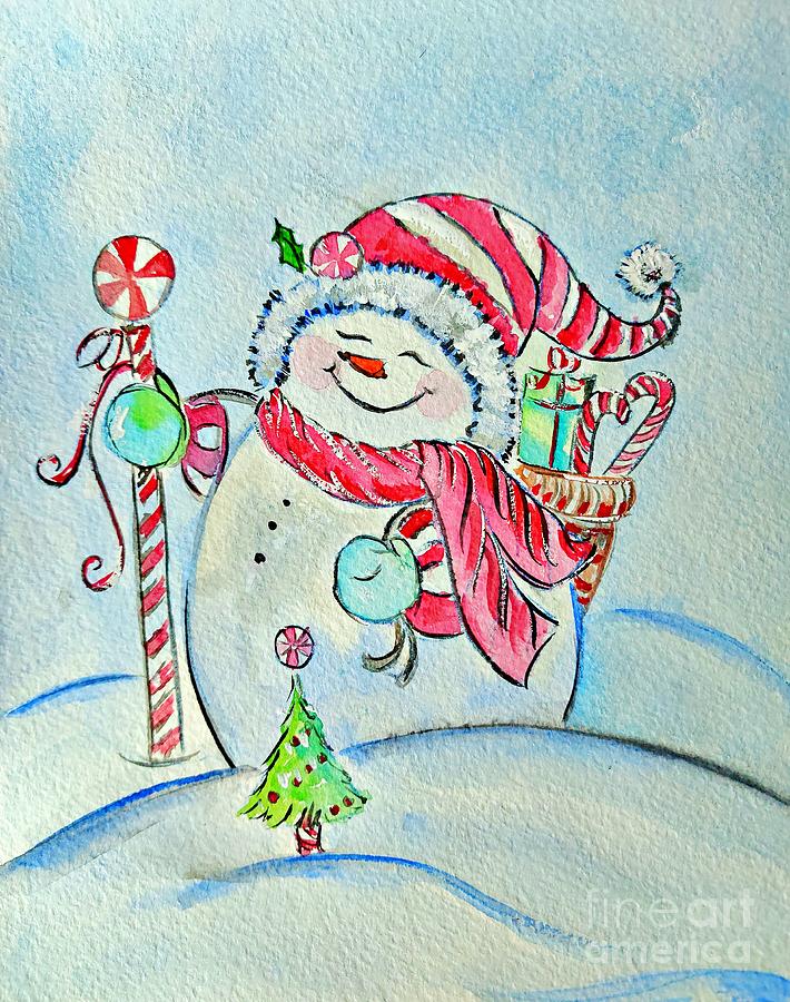 Snowman winter scene Painting by Amalia Suruceanu