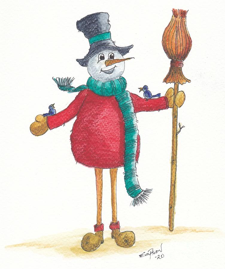 Winter Painting - Snowman with long legs by Eva Ason