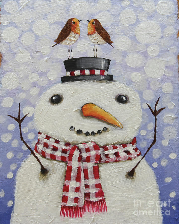 Snowman with robins Painting by Lucia Stewart