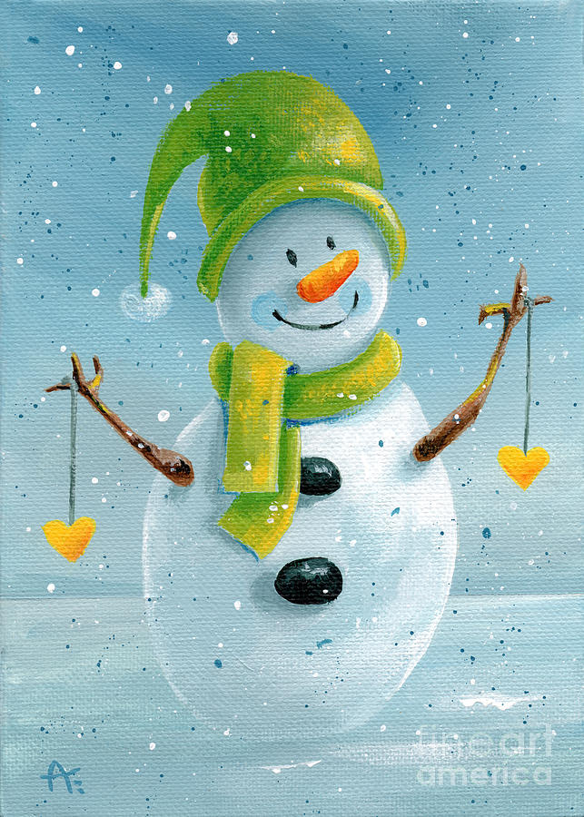 Snowman with Yellow Hearts Painting by Annie Troe
