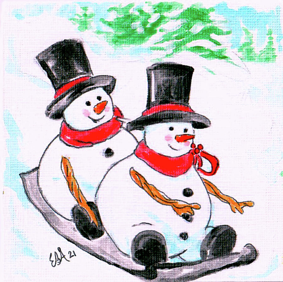 Snowmen sliding Painting by Elaine Berger