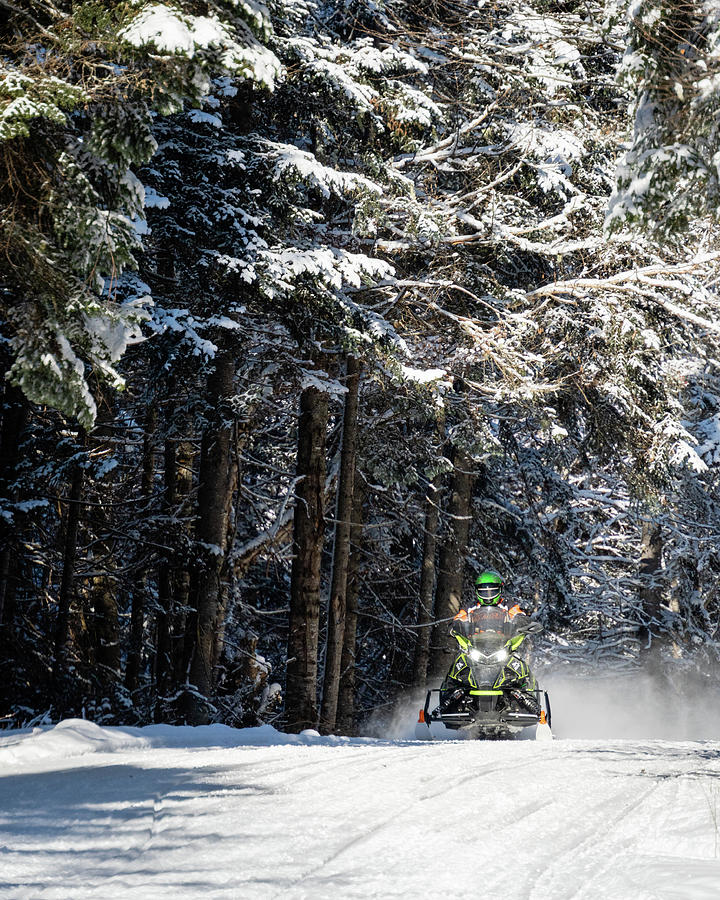 Snowmobile Coming Down Trail - Pittsburg, New Hampshire  Photograph by John Rowe