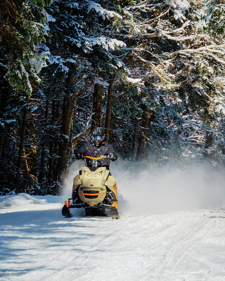 Snowmobiler Riding Down Trail - Pittsburg, New Hampshire Photograph by John Rowe