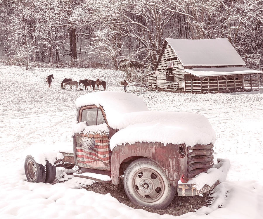 Snowy Americana Farmhouse Truck Photograph by Debra and Dave Vanderlaan