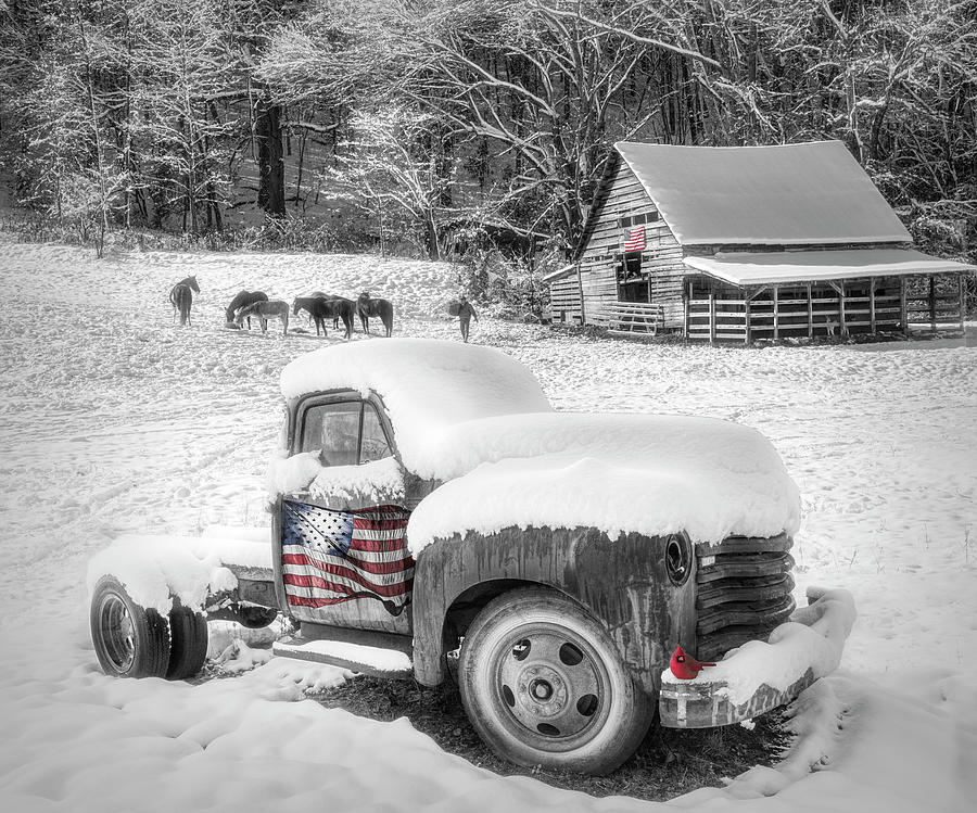 Snowy Americana Truck Black and White and Red Photograph by Debra and Dave Vanderlaan