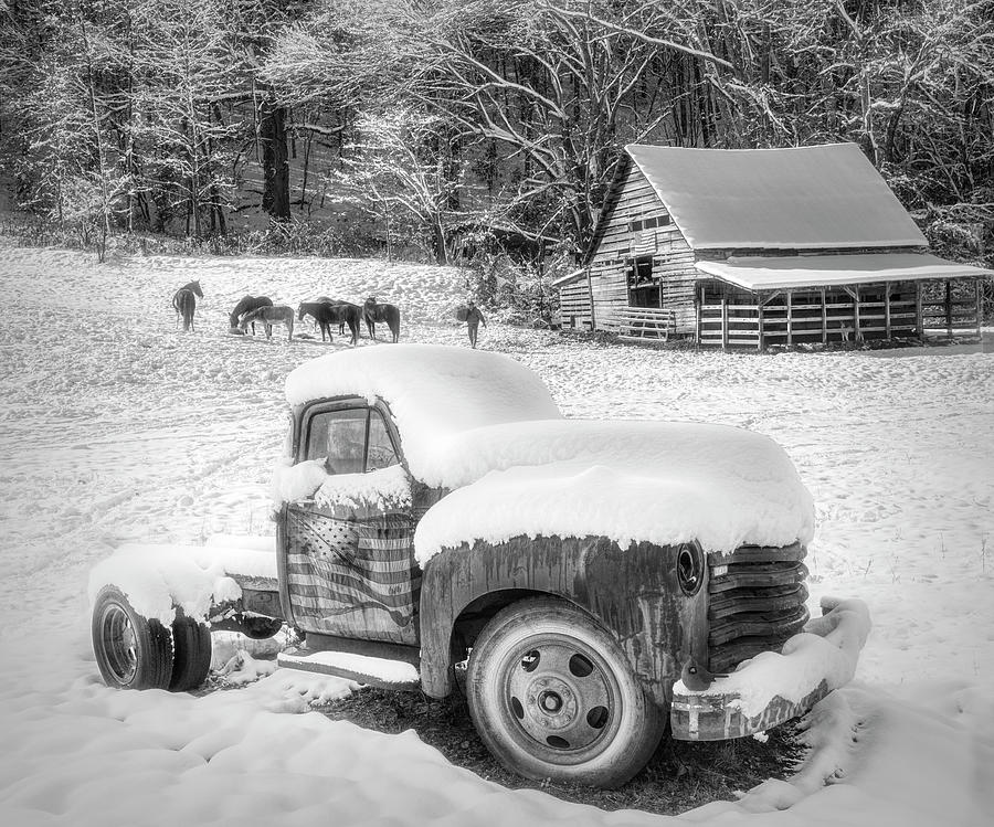 Snowy Americana Truck Black and White Photograph by Debra and Dave Vanderlaan