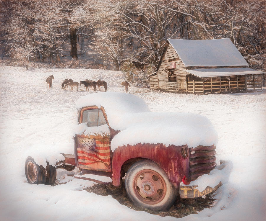 Snowy Americana Truck Painting Photograph by Debra and Dave Vanderlaan