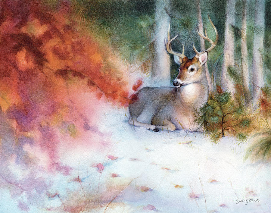 Snowy Autumn Black Tailed Deer Painting by Tracy Herrmann