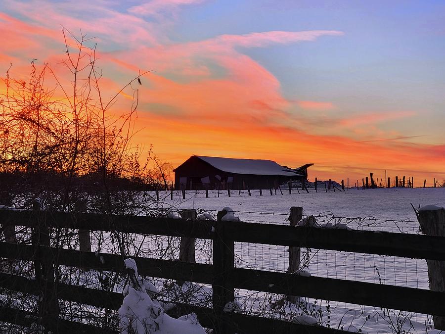 Snowy Barn at Sunset  Photograph by Ally White