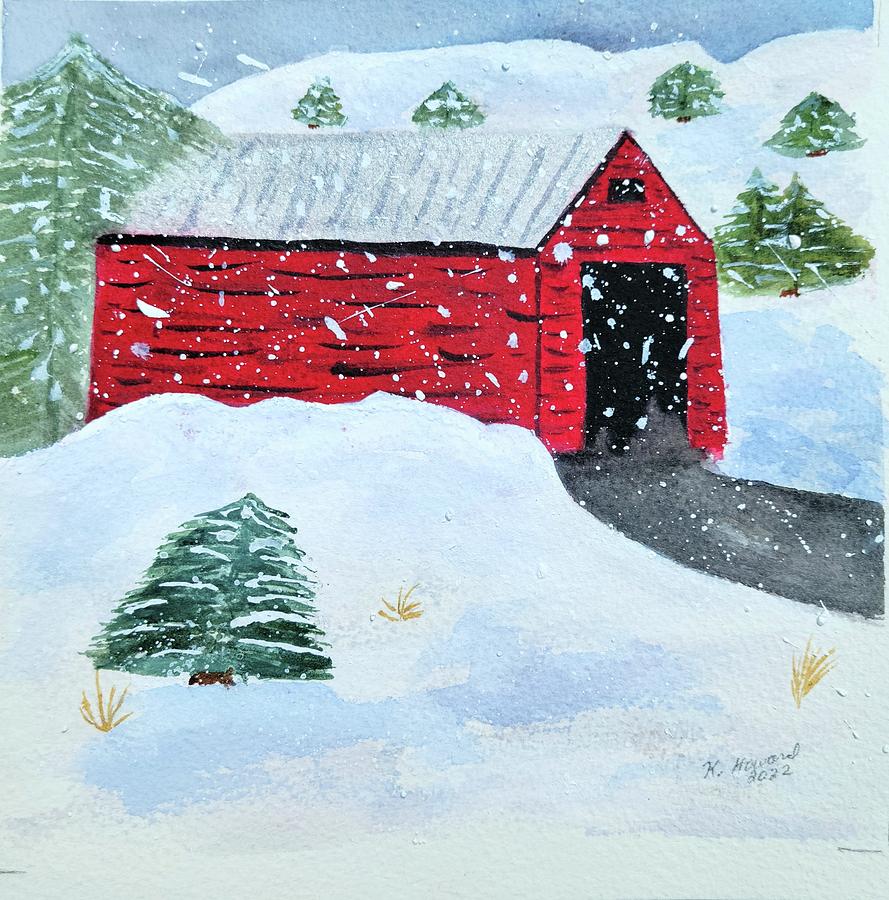Snowy Barn Painting by Shady Lane Studios-Karen Howard