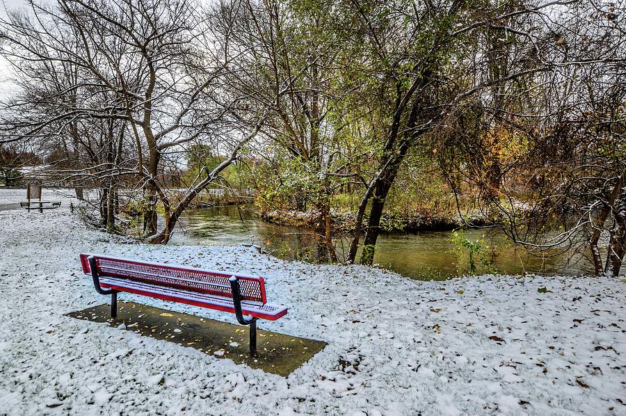Snowy Bench on the Clinton River DSC_0835 Photograph by Michael Thomas