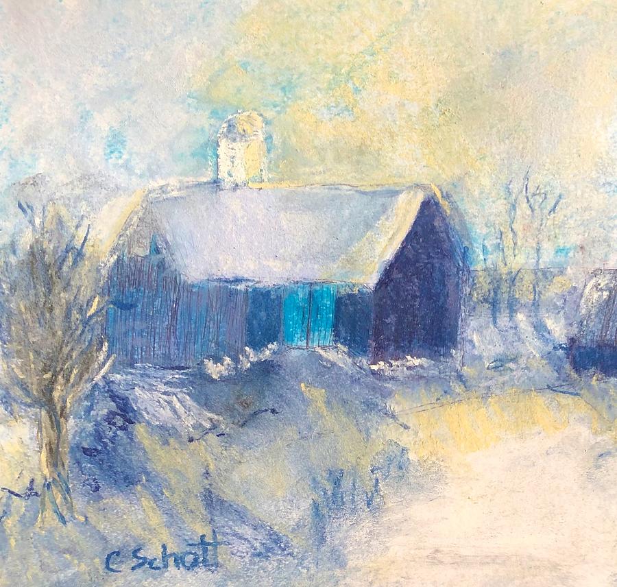 Snowy Blue Barn Painting by Christina Schott