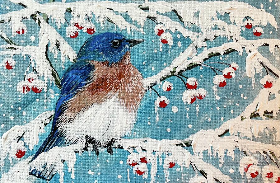 Snowy Bluebird Painting by Jennifer Lake