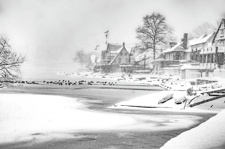 Snowy Boathouse Row - Philadelphia in Black and White Photograph by Bill Cannon
