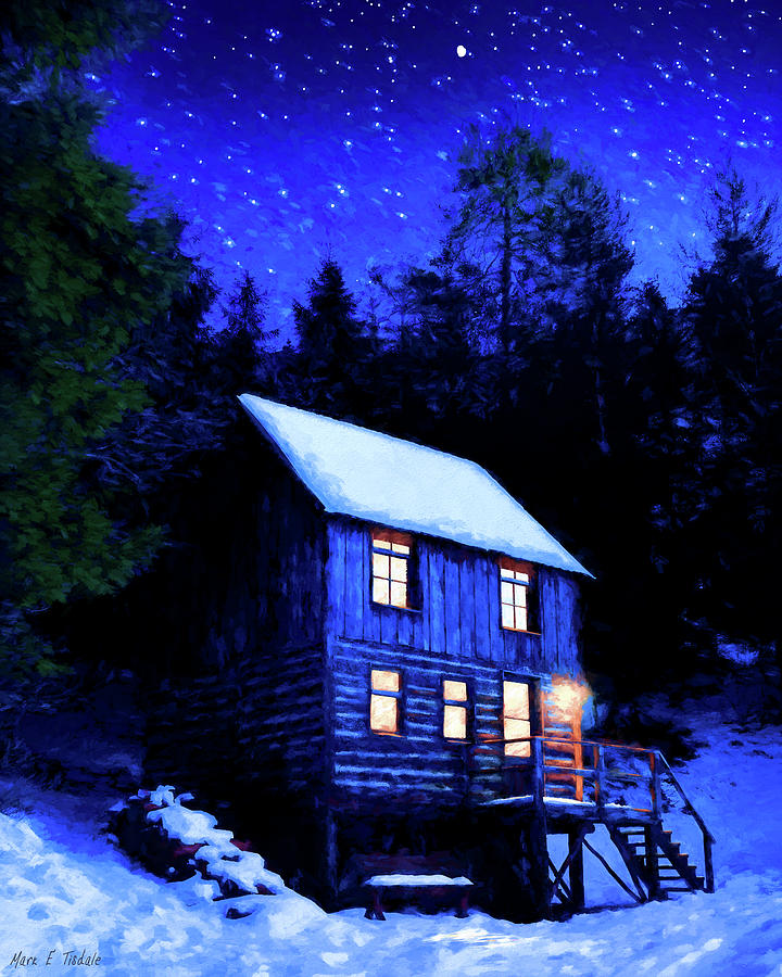 Snowy Cabin Beneath The Stars Mixed Media by Mark Tisdale