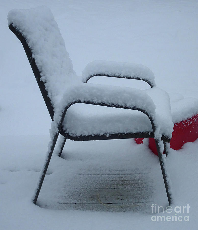 Snowy Chair red bucket Photograph by GJ Glorijean