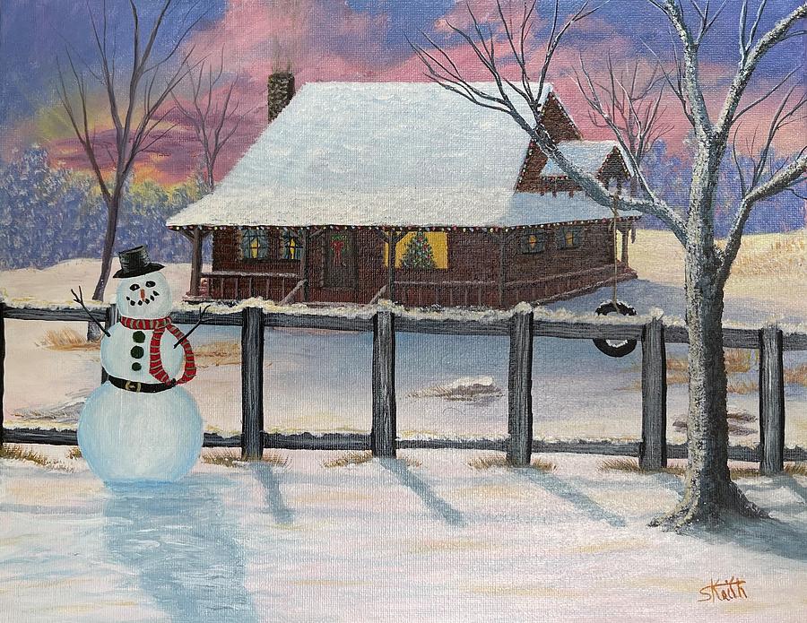 Snowy Christmas Cabin Painting by Sheri Keith