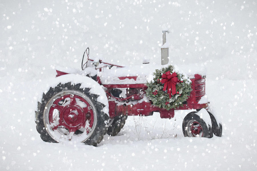 Snowy Christmas Farm Tractor Mixed Media by Lori Deiter