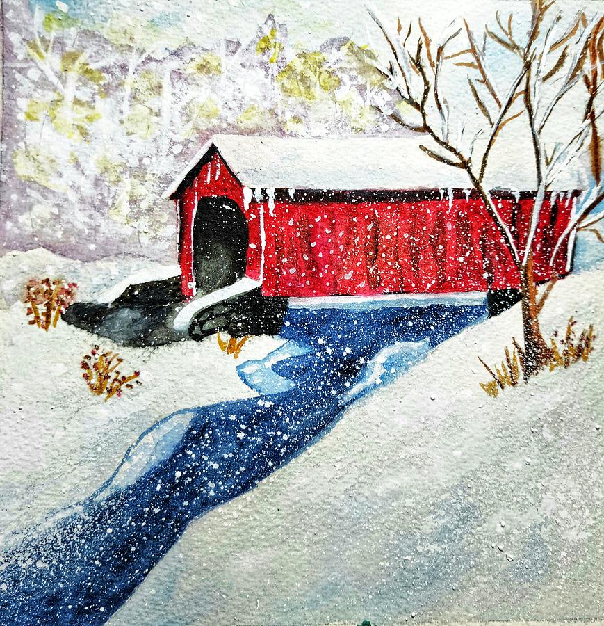 Snowy Covered Bridge Painting by Shady Lane Studios-Karen Howard