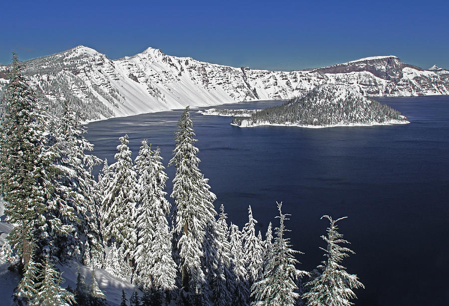 Snowy Crater Lake Photograph by Dennis Cox Photo Explorer
