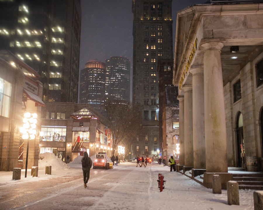 Snowy evening at Faneuil Hall Quincy Market Photograph by Toby McGuire