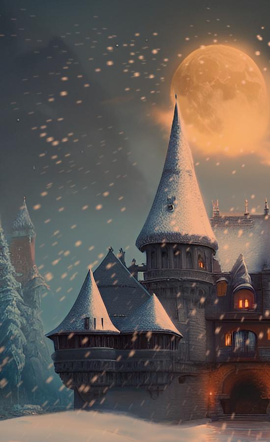 Snowy Evening at the Castle Digital Art by John Wills