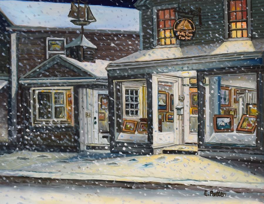 Snowy Evening At The Gallery Painting by Eileen Patten Oliver