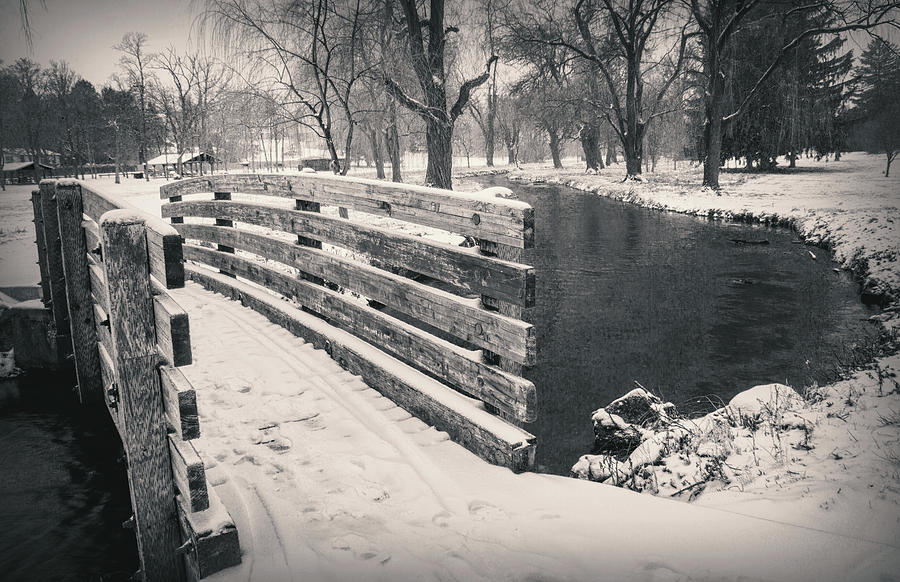Snowy Footbridge Cedar Creek Park Black and White Photograph by Jason Fink