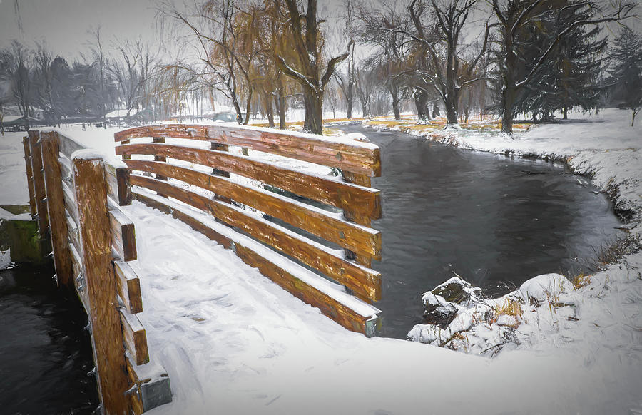 Snowy Footbridge Cedar Creek Park Impressionism Digital Art by Jason Fink
