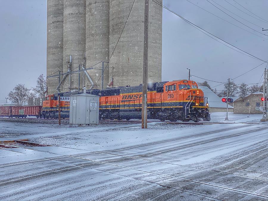 Snowy Freight Train  Photograph by Jerry Abbott