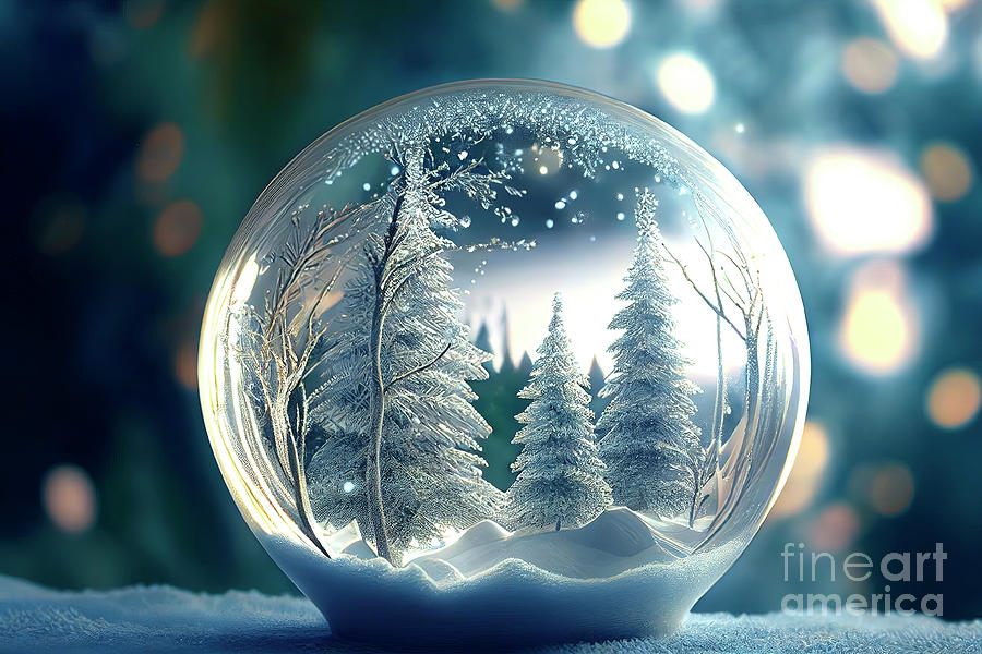 Winter Digital Art - Snowy glass ball with winter forest covered with snow. Holiday s by Jelena Jovanovic