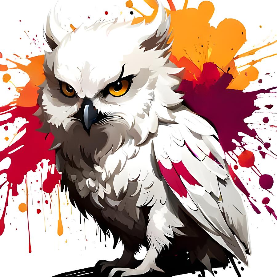Snowy Majesty - The Portrait of an Adorable White Owl in Stunning Splash Art Mixed Media by Artvizual Premium