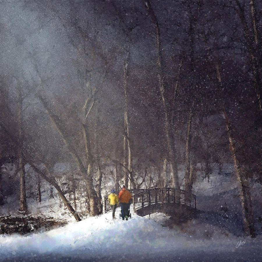 Snowy Moonlit Walk Over A Minnehaha Creek Bridge Digital Art