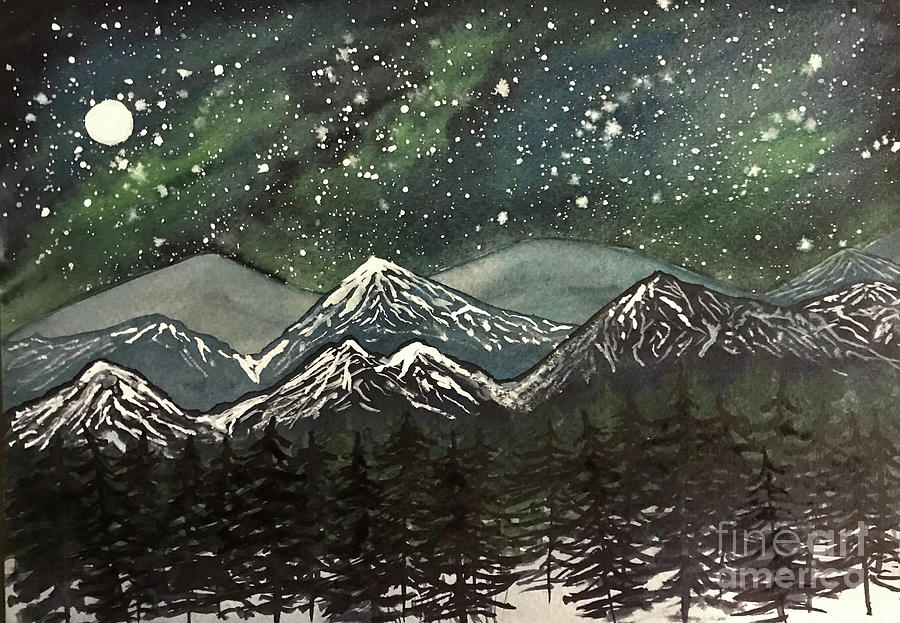 Snowy Mountains with Aurora Painting by Lisa Neuman