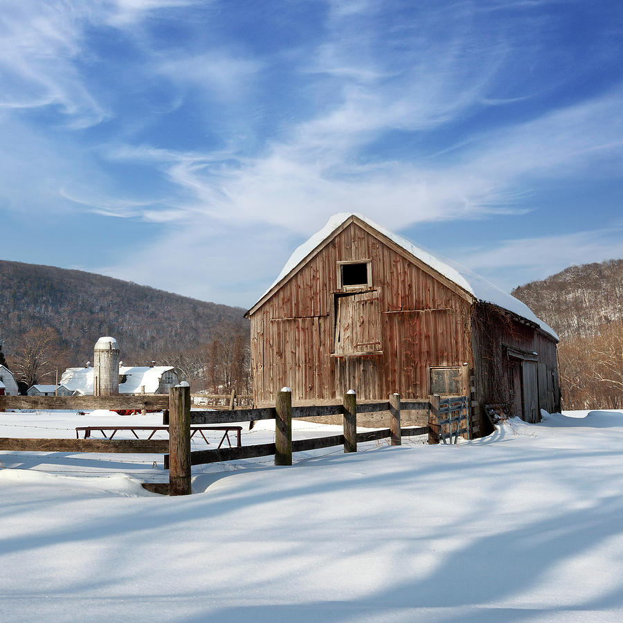 Barn Photograph - Snowy New England Barns Square by Bill Wakeley