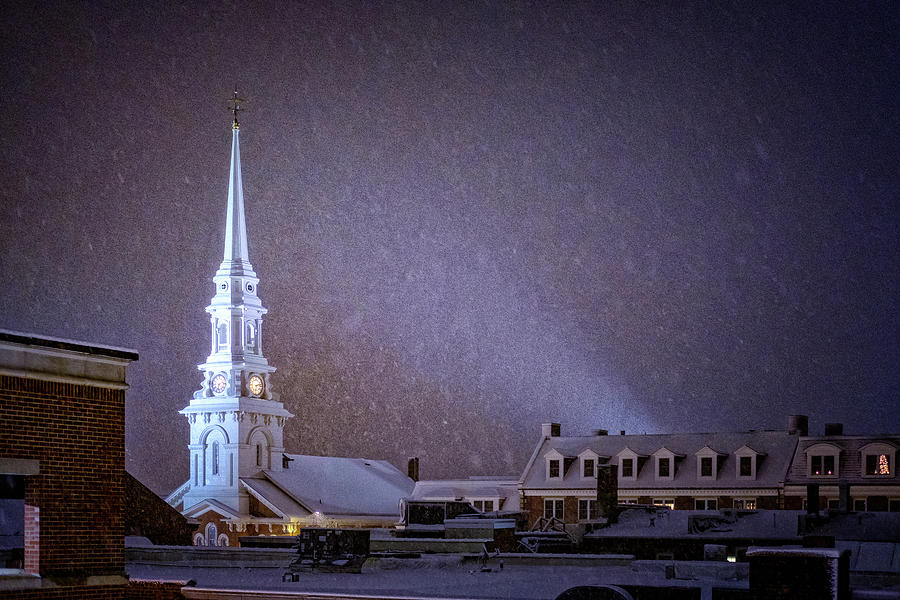 Snowy Night, North Church.  Photograph by Jeff Sinon