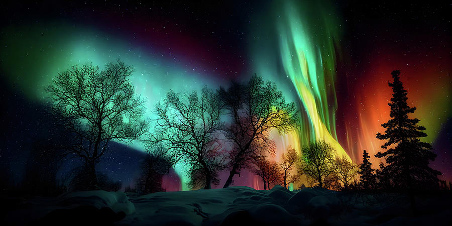 Snowy Night Sky with Northern Lights Digital Art by TintoDesigns - Pixels