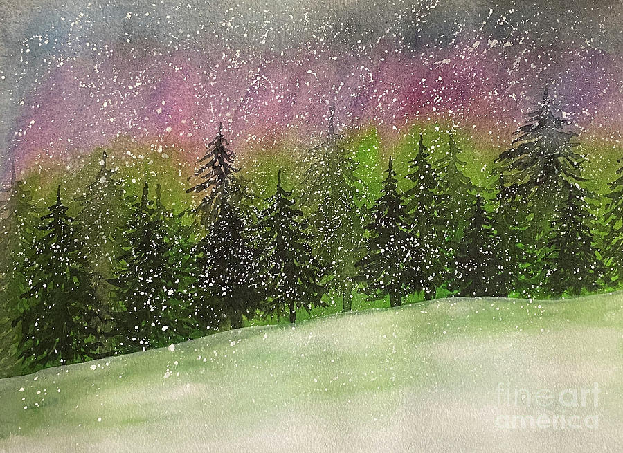 Snowy Northern Lights Painting by Lisa Neuman