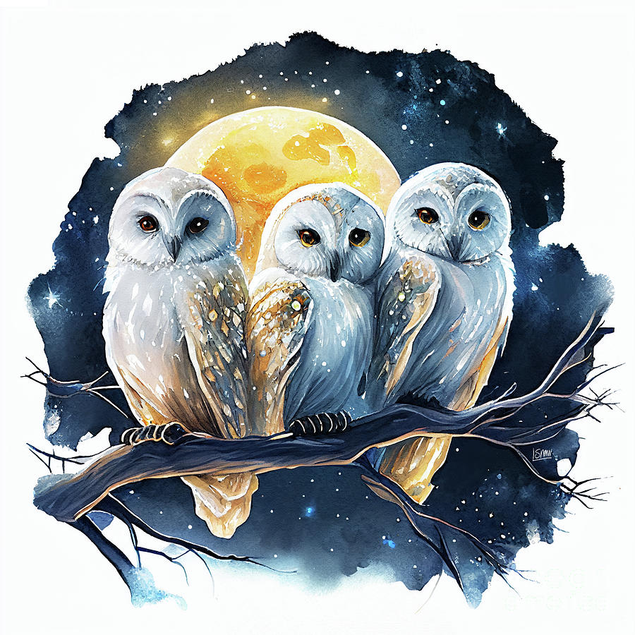 Owl Digital Art - Snowy Owl Babies at Moonlight by Lauras Creations