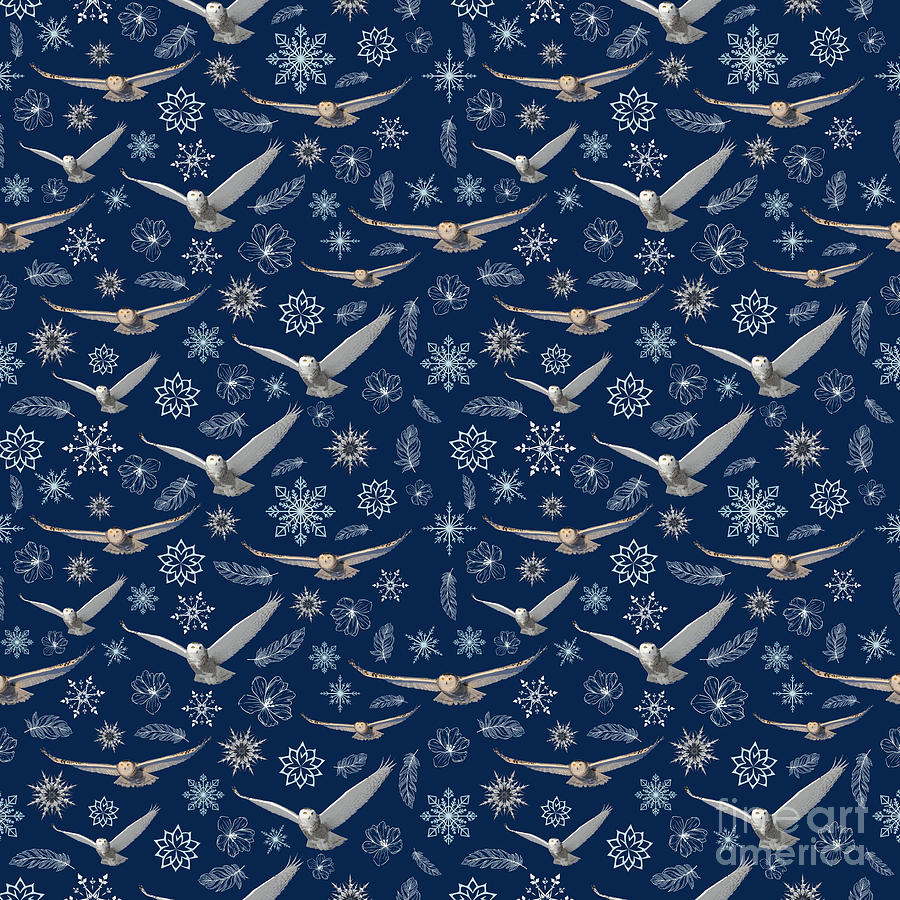 Snowy Owl Navy Blue Pattern Digital Art
