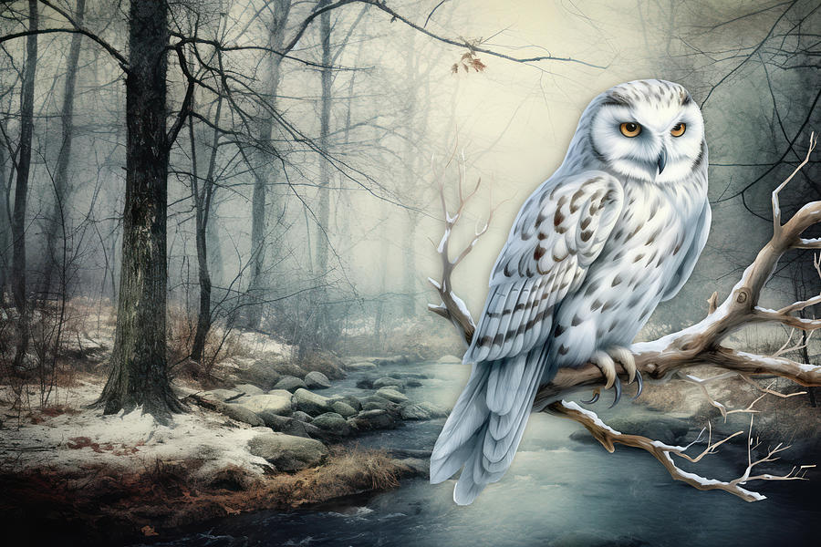 Snowy Owl On The Creek Digital Art by TnBackroadsPhotos