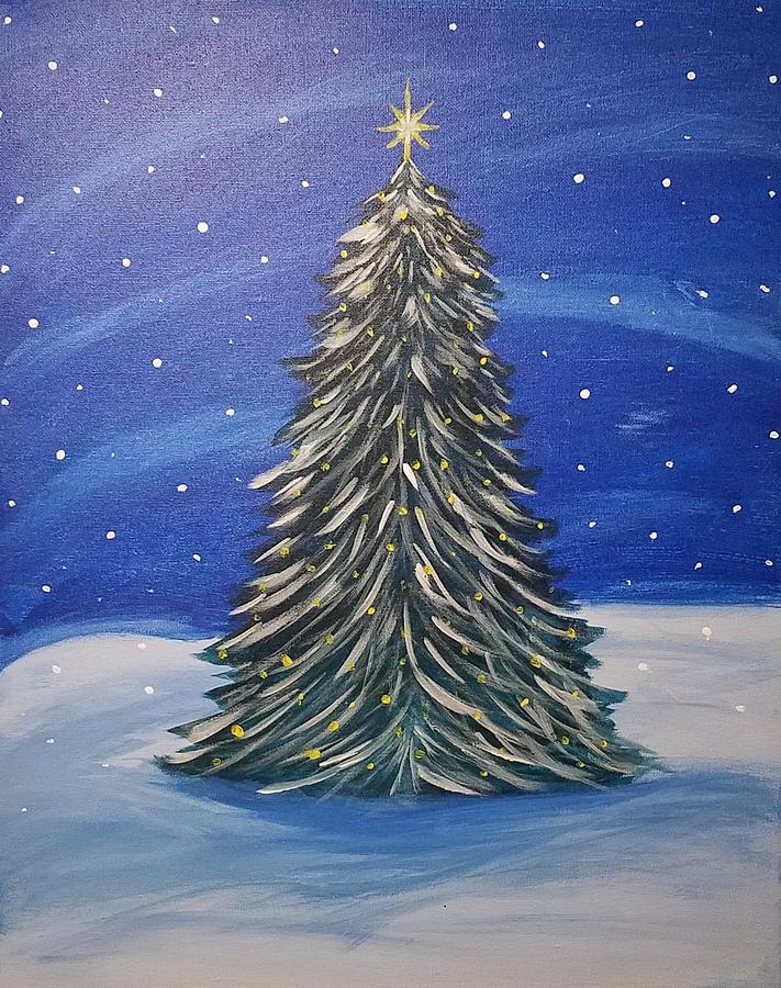 Snowy Pine Tree Painting by Sandy Hoover