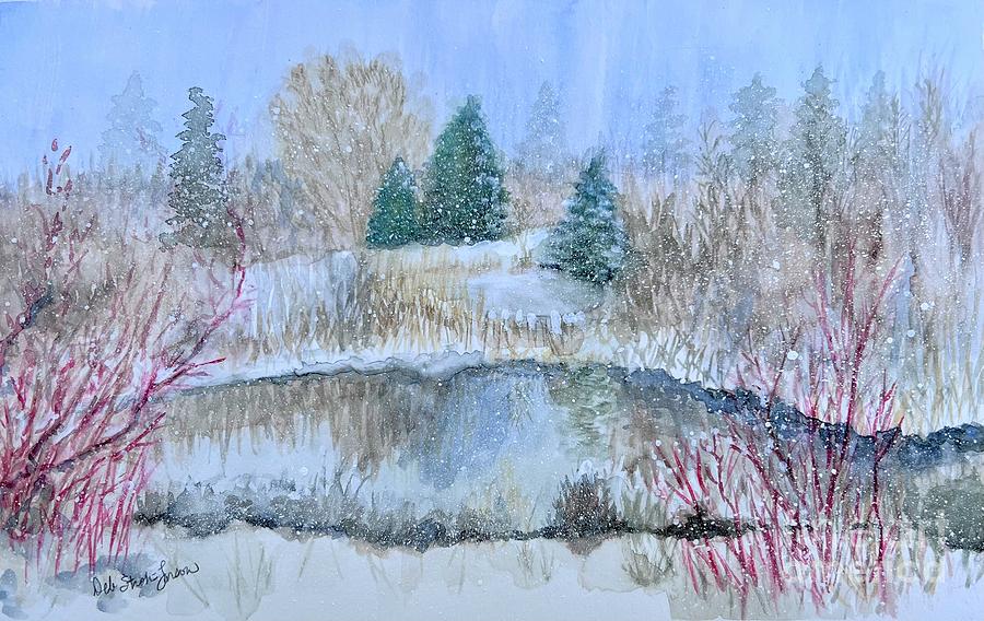 Snowy Pond Painting by Deb Stroh-Larson