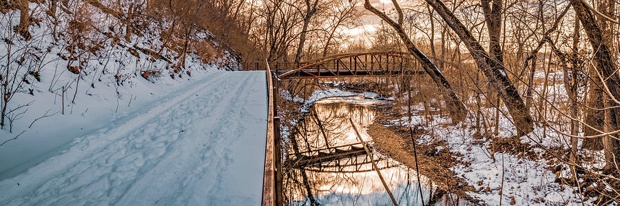 Snowy Razorback Greenway Trails And Bridge Over Clear Creek Panorama