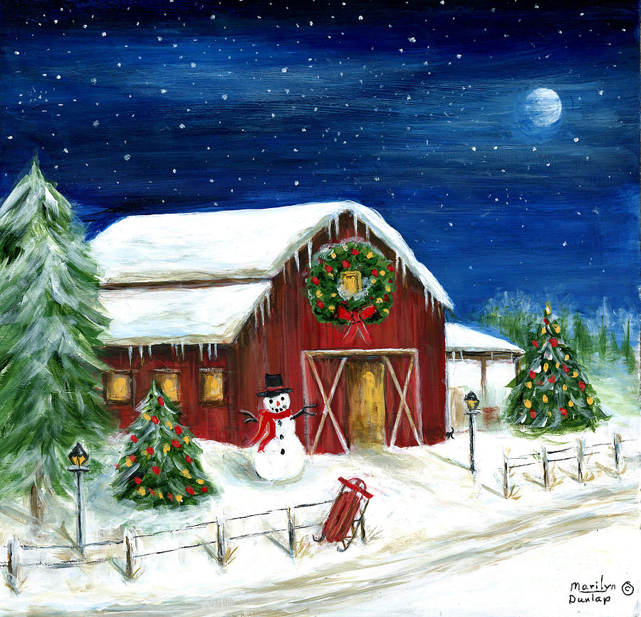 Snowy Red Barn Painting by Marilyn Dunlap